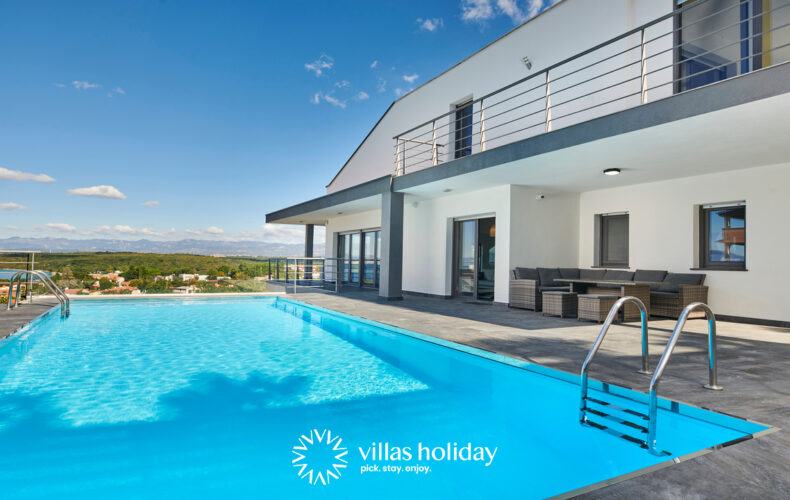 Modern villa with heated swimming pool, jacuzzi and open sea view on Krk island